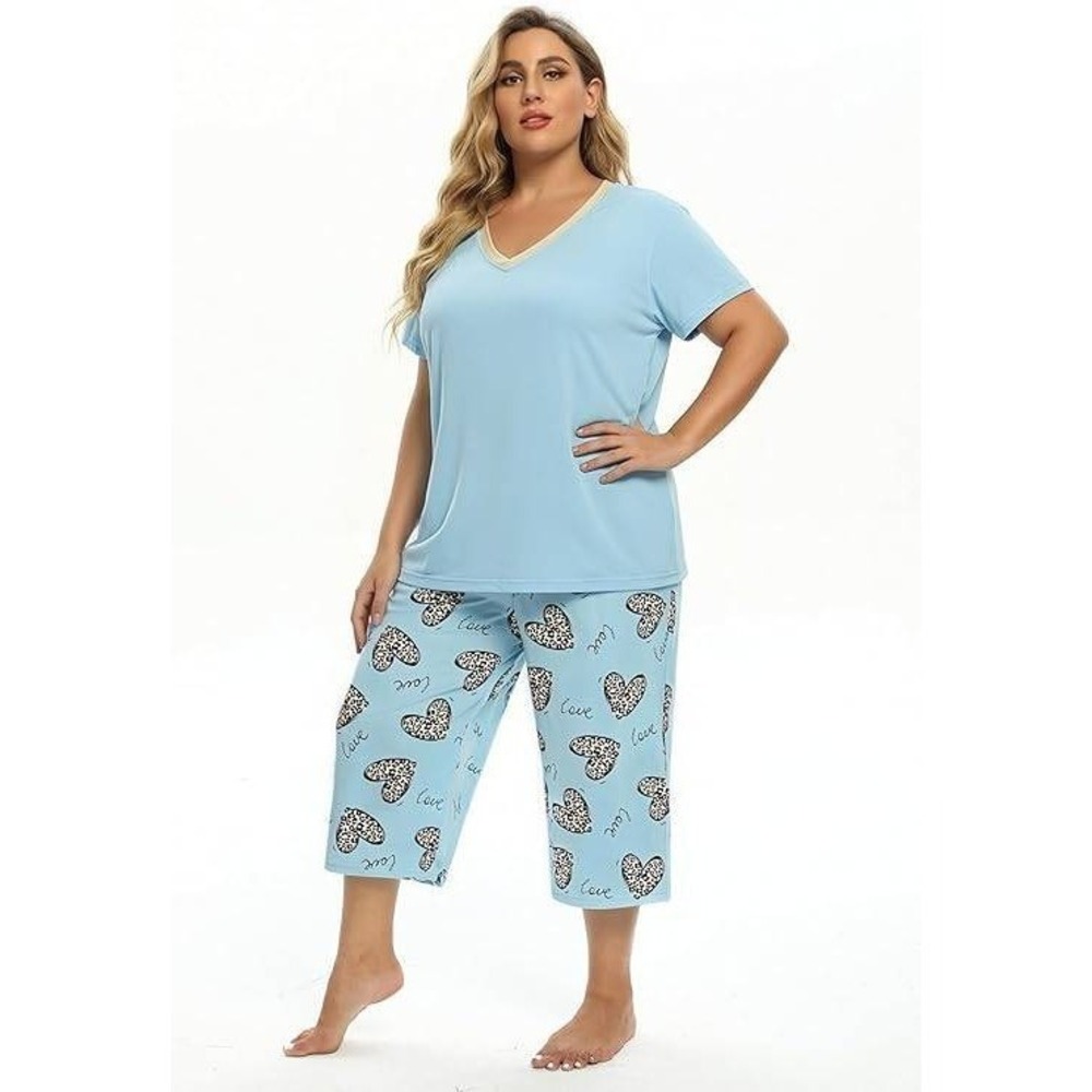 Vozanet Pajama Set Women 3XL Blue Heart Leopard Short Sleeve Capri Loungewear
